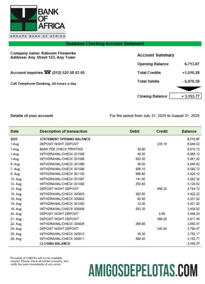 Burundi Bank Of Africa Organização bancária Extrato de conta corrente em formato Word e PDF exemplo real